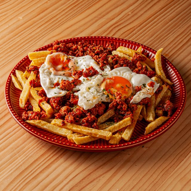 Ración de patatas fritas acompañadas de picadillo de carne y dos huevos fritos con la yema líquida sobre un plato rojo, servido sobre una mesa de madera.