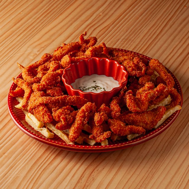 Plato con abundantes tiras de pollo crujientes y patatas fritas servido con un cuenco central de salsa cremosa sobre mesa de madera.